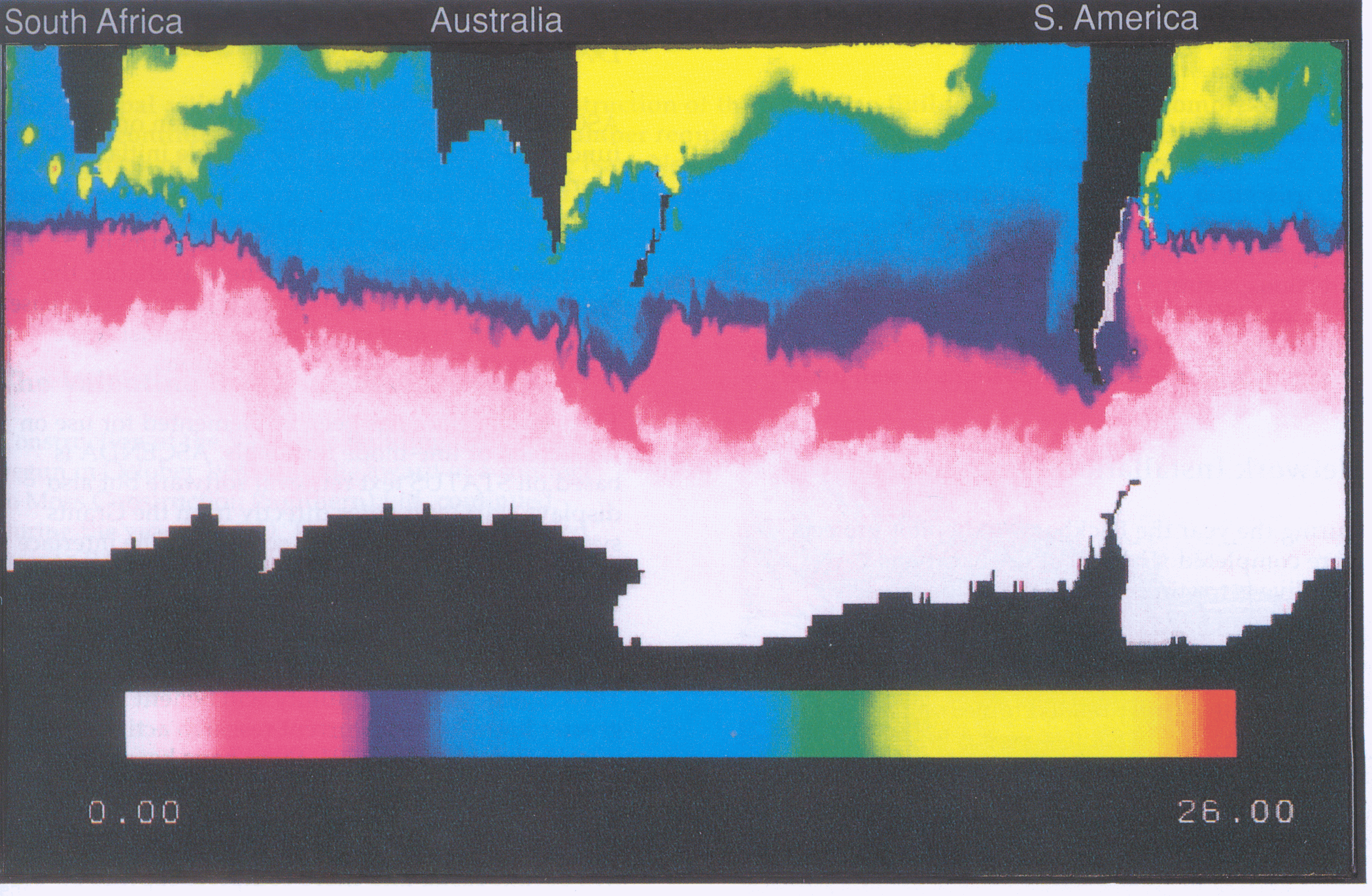 Fig 5.4 Temperature distribution from the FRAM (Fine Resolution Antarctic Model) showing strong vertex shedding around the Cape of Good Hope as warm water from the Indian ocean is driven by prevailing winds into the South Atlantic. .
