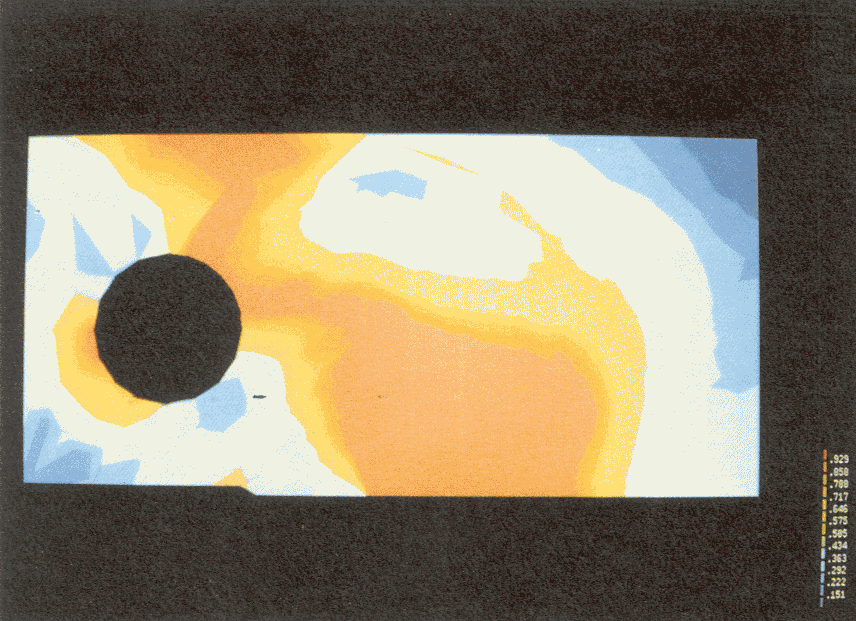 Damage field in a half-section of a Compact Tension Specimen predicted using old constitutive equations at failure. Professor D R Hayhurst, University of Sheffield.