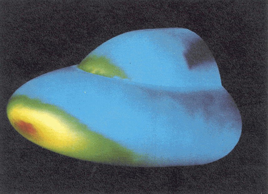 Viscous flow at a Mach number of 8.15 and 30 degrees angle of attack past a double ellipsoid configuration. The computed distribution of the pressure coefficient over the ellipsoid surface. Professor K Morgan, University College, Swansea.
