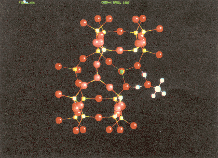 Protonated methanol molecule bonded to zeolite framework in ZSM-5 catalyst. Professor C R A Catlow, The Royal Institution, London.