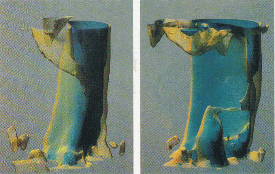 A three dimensional visualisation (part of a video animation) of a stratospheric polar vortex showing its evolution over ten days. The bottom of the figure represents 17km in the atmosphere and the top 40km, and the vortex is situated approximately over the north pole. The visualisation shows how air is peeled off the vortex; this process is thought to be a significant factor in ozone loss at midlatitude regions. Warwick Norton, UGAMP; Chris Osland, Rutherford Appleton Laboratory, SERC. 