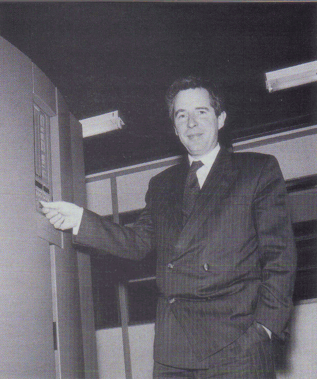William Waldegrave, Chancellor of the Duchy of Lancaster switches on the new Cray Supercomputer.