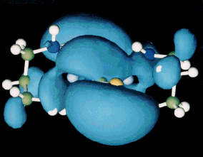 One of the occupied molecular orbitals (in light blue), of the dimer LI-SCN with 1,3-diaminopropane from a Gaussian 94 calculation as visualised with AVS