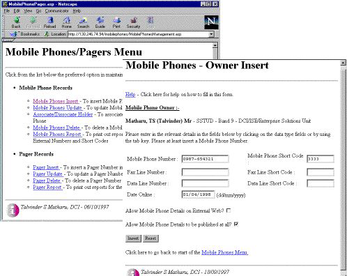 Figure 2: Screen shots of the interfaces produced. This overlying interface allows the input for a mobile phone record