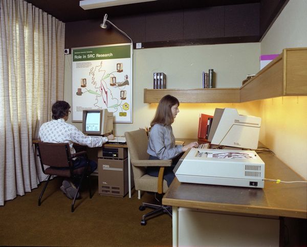 PERQ Demonstration Room at RAL, Ian Benest and Carol Barnes, April 1981