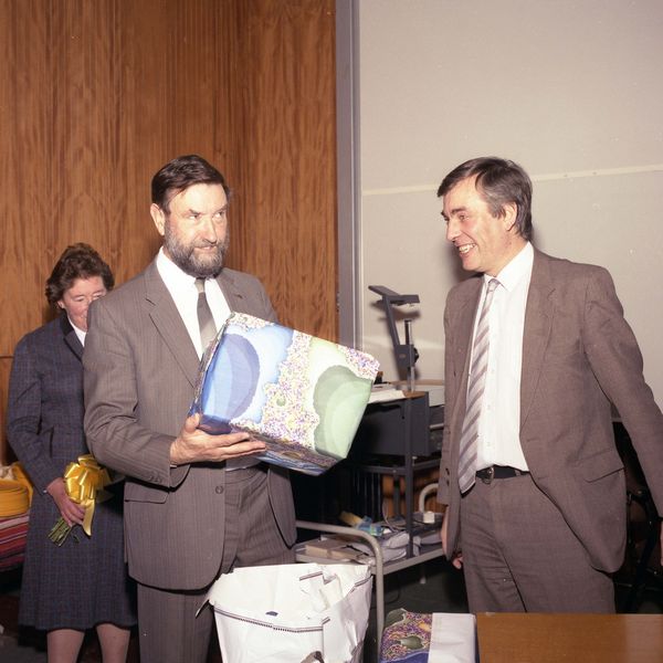 Bart Fossey Retirement: Little things come in large boxes (with Brian Davies). Maureen Fossey in the background