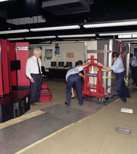 Fig 5.1b Delivery and installation of the new Cray Y-MP81 at the Atlas Centre.
