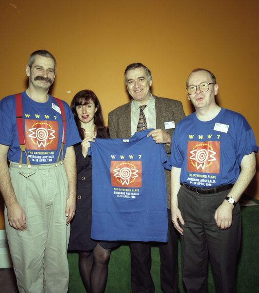 Advertising WWW7 at the RSA Symposium, Martin Prime, Helen Ashman, Robert Cailliau, Brian Ritchie