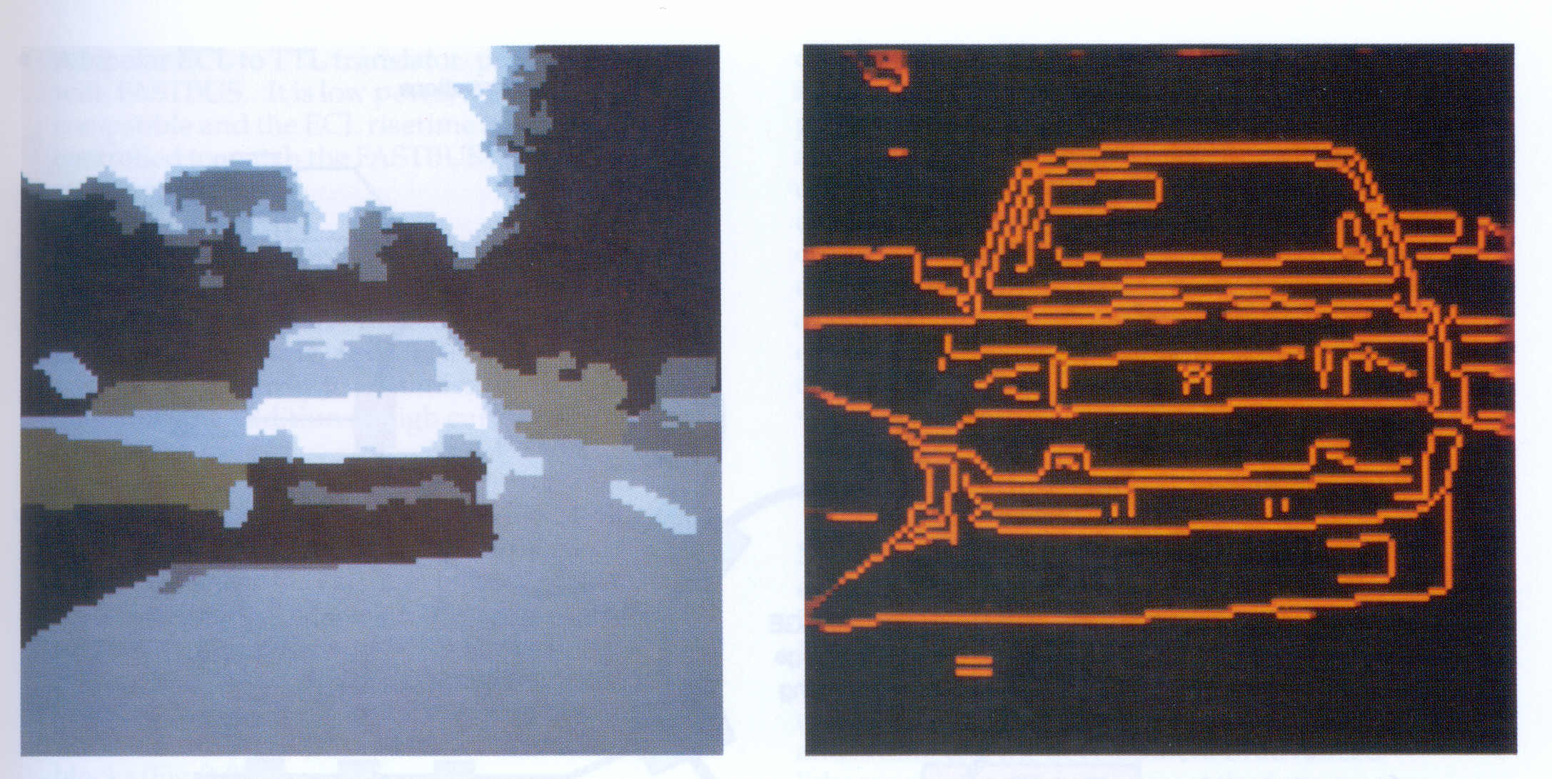 Fig2.5. Image of natural scene, showing a car on a road near trees,
after computer processing to segment it into regions. Pixels identified
as belonging to the same region are displayed in the same colour. On the right is an image of the car after processing to label
 edges using probabilistic relaxation.