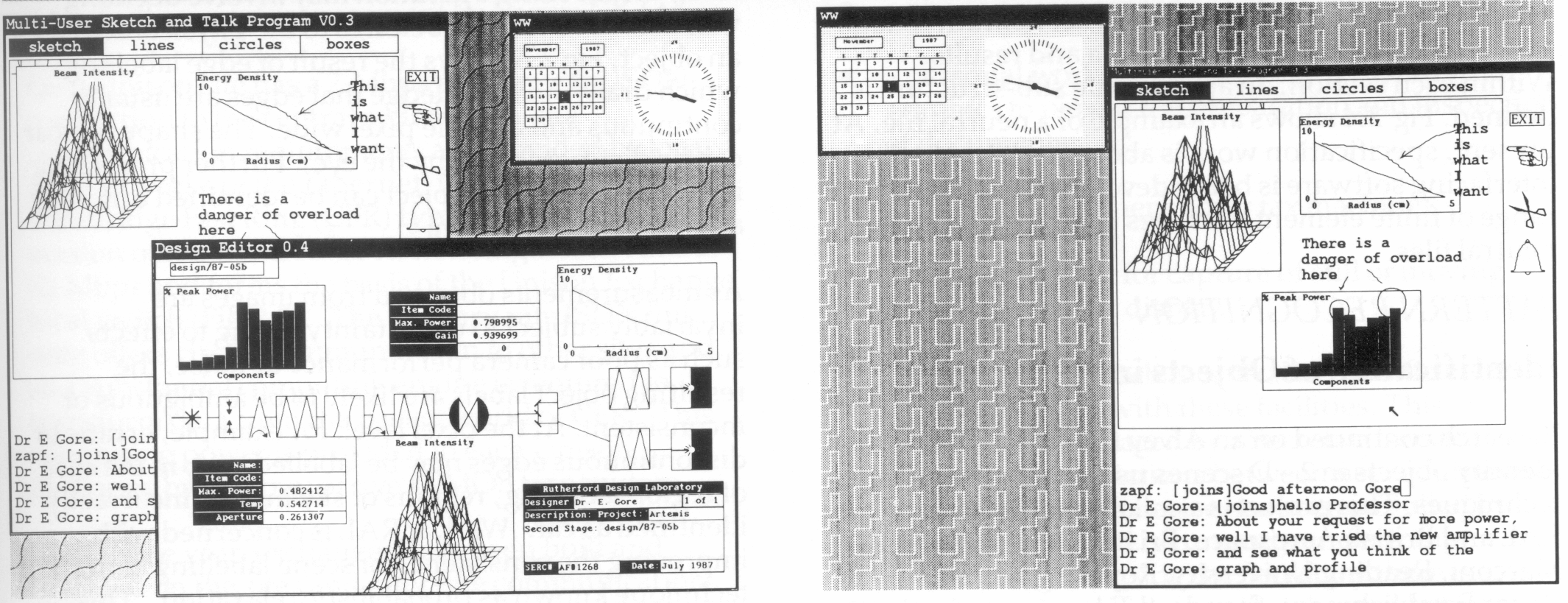 2.3 Members of the Human- Computer Interaction team working on details of the user 
interface for MUSK. Shown below are screen dumps of data being exchanged. 
