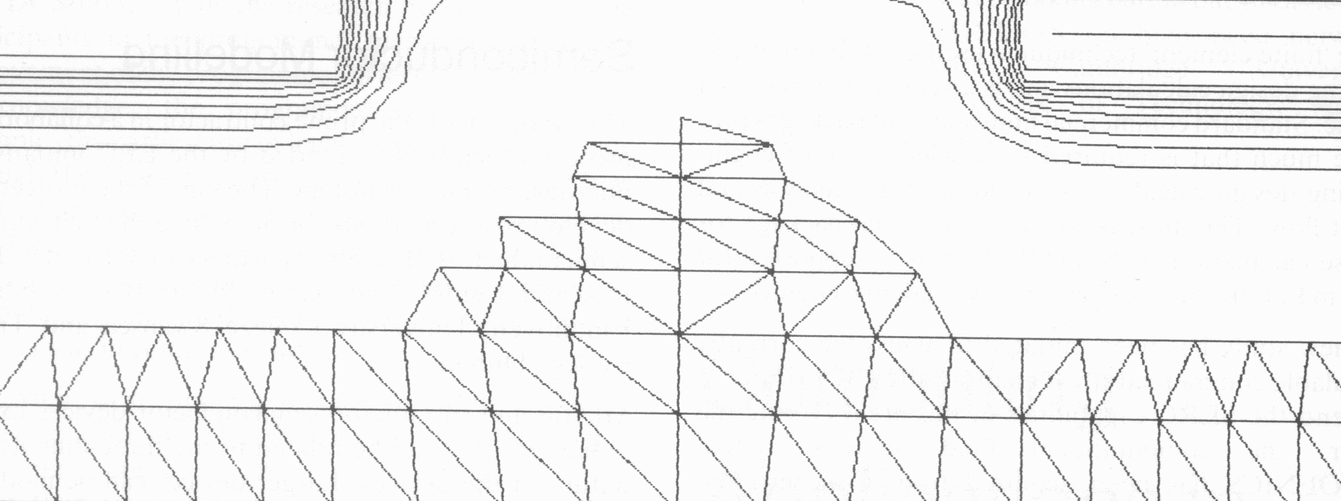 Fig 2.4. A plot of the equipotential lines for a metal-oxide semiconductor field-effect transistor with a bias of 0.1V on the 'drain' region which is on the right-hand side of the Device. The potential difference between neighbouring contours is 0.13V. These results were obtained using a 2D finite element/finite difference numerical solution to the governing differential equations.