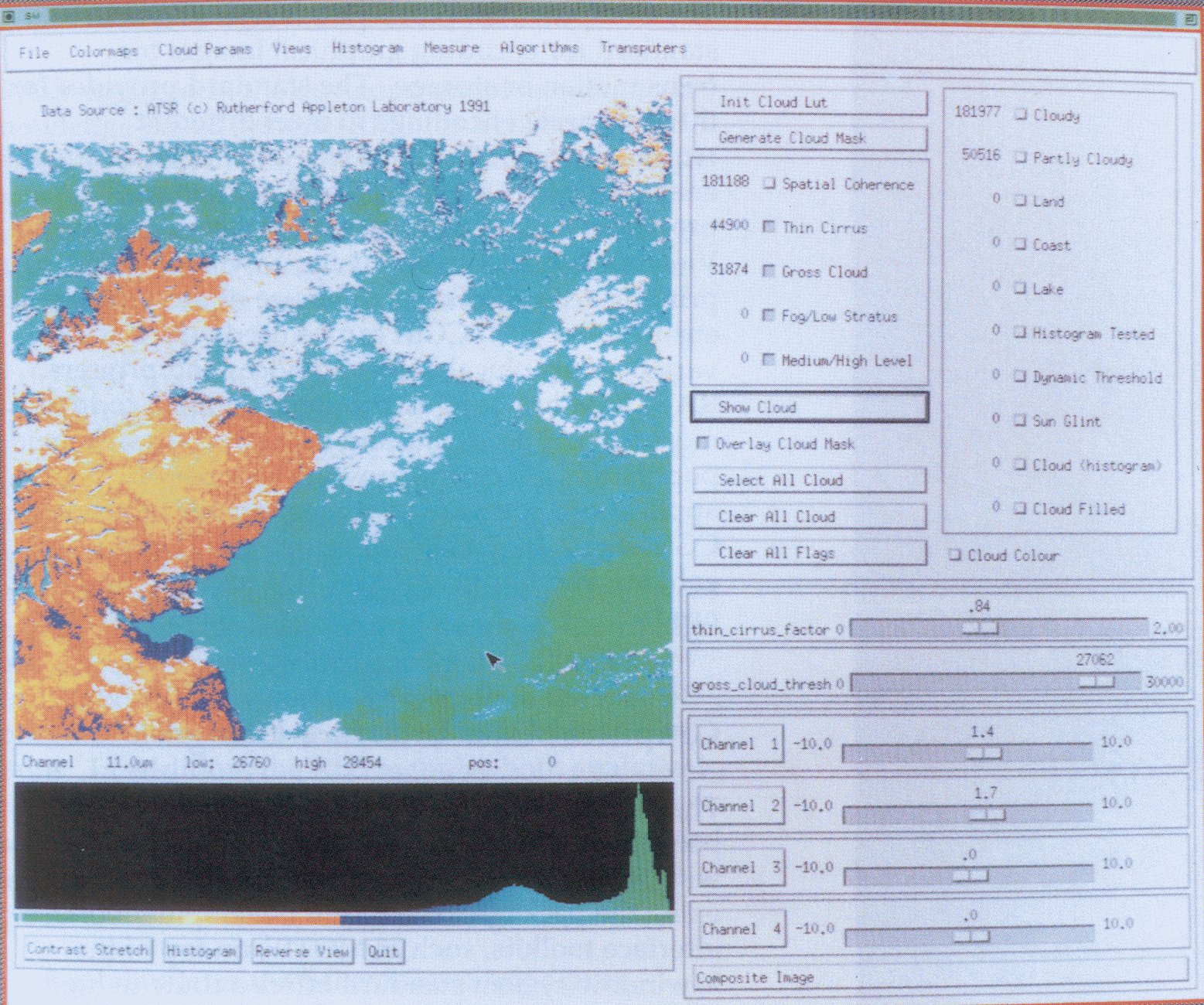 Fig 2.8 Graphical user interface of the Satview program showing processing of a partially cloudy ATSR image. (9IRC6875J
