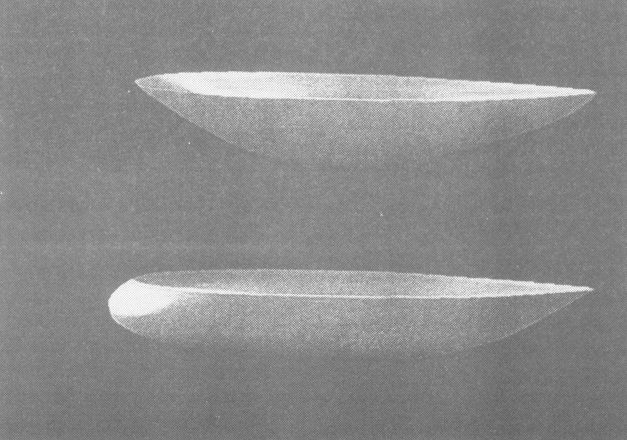 Fig 3 : PDE yacht hull before (top) and after (bottom) functional optimisation. (T W Lowe, M I G Bloor and M J Wilson).