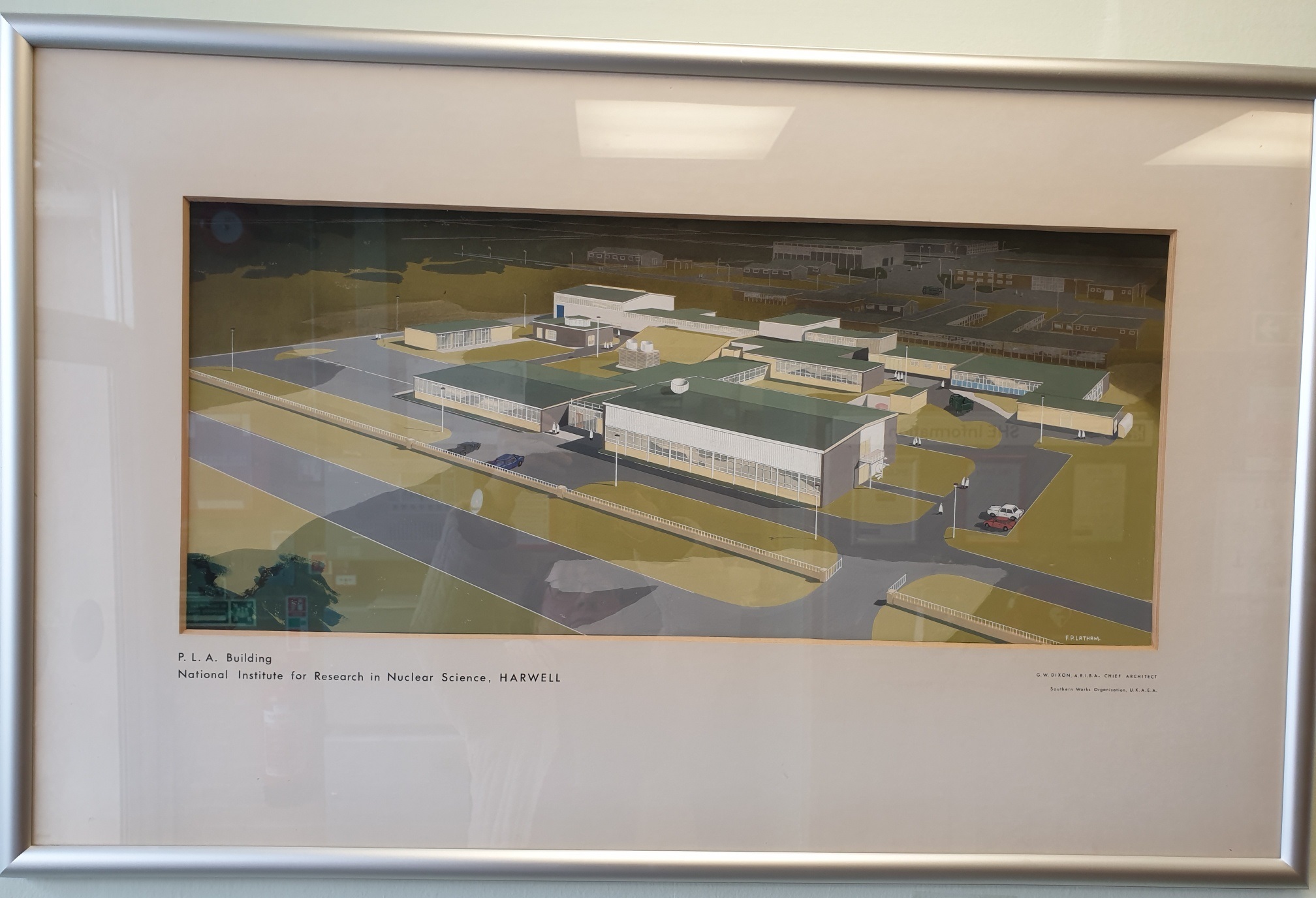 Drawing of the PLA building now hanging outside the Occupational Health/Health And Safety offices and classrooms in R12. "PLA Building / National Institute for Research in Nuclear Science, HARWELL"