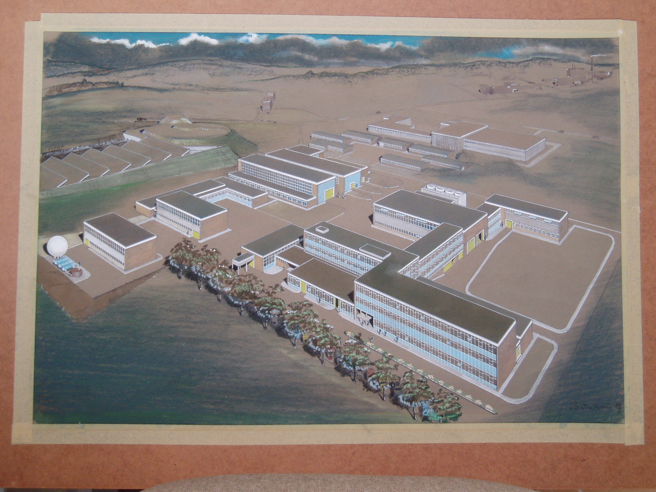 Drawing of R1 before the Library Bridge was built. "The Rutherford High Energy Laboratory for the National Institute For Nuclear Research at AERE Harwell" / Architect GW Dixon ARIBA / Consulting engineers Merz and McLellan / Drawn by PB Dunthorne