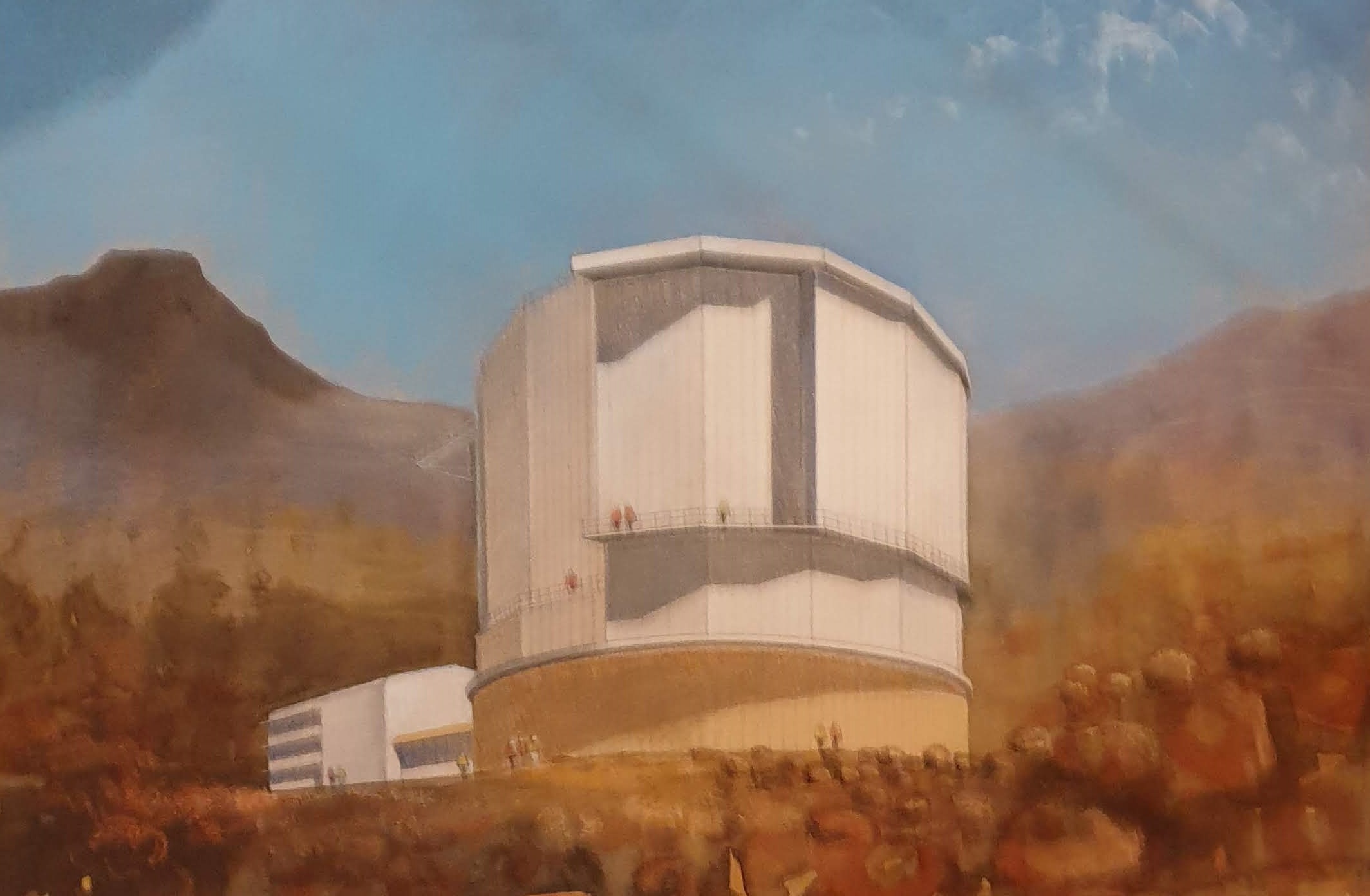 The telescope sits inside an enclosure which incorporates a blind to protect it from wind and solar heat during daytime observations.