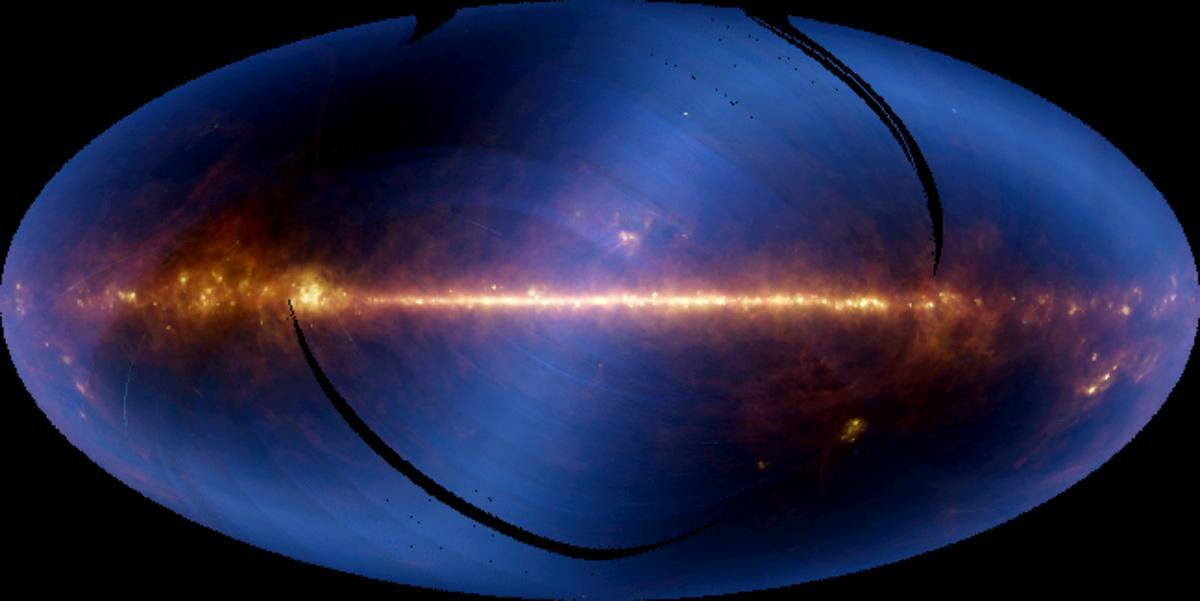 IRAS view of the sky. The bright horizontal band is the Milky Way.